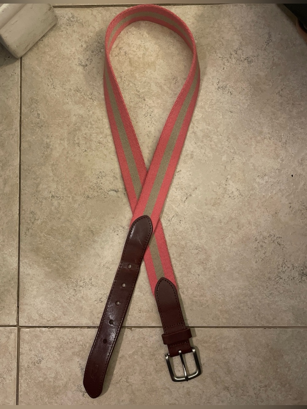 Vineyard Vines Pink/Coral and TanStriped Accent Ribbon Surcingle and Leather Men